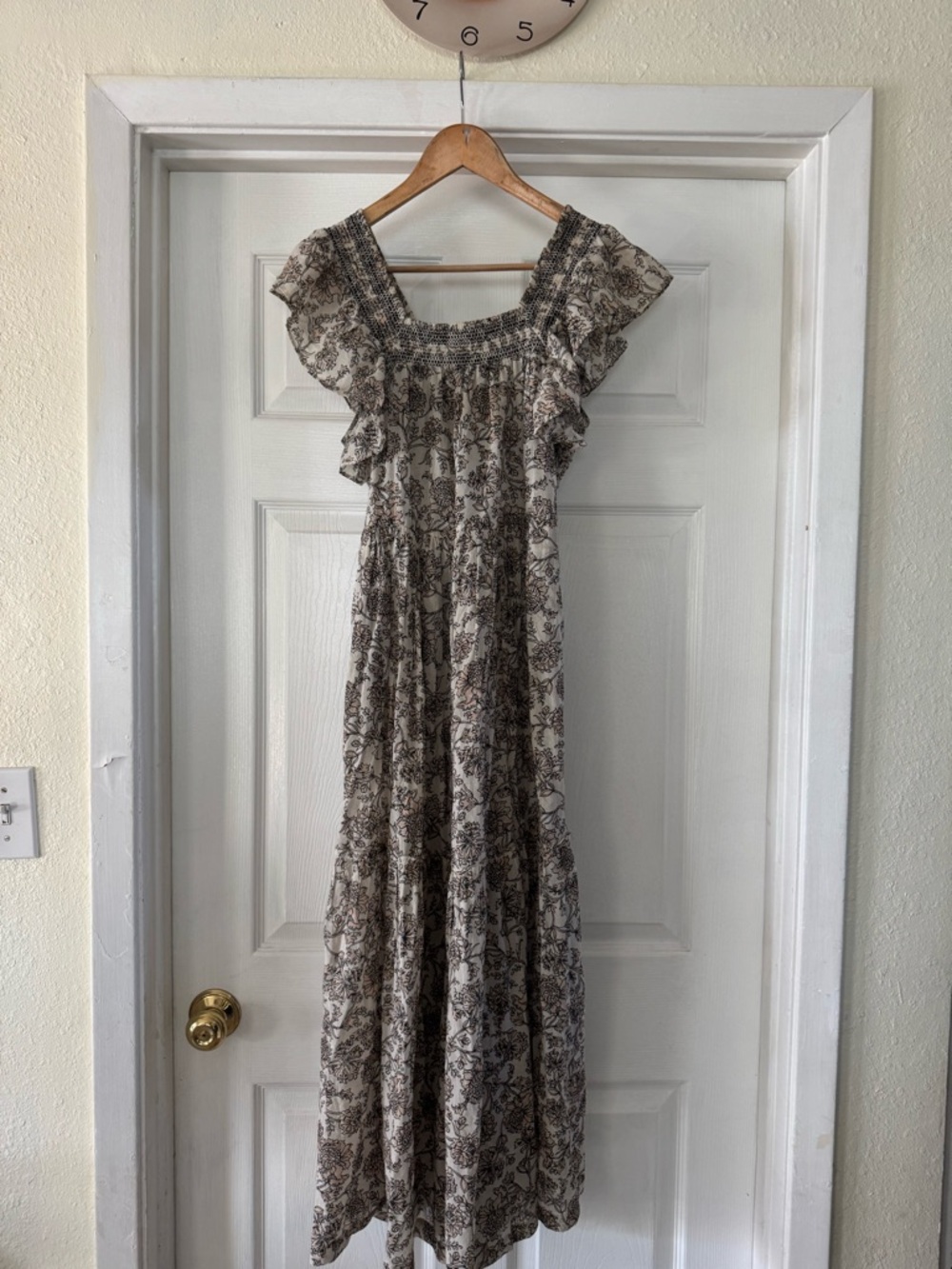 Free People Cream and Black Floral Smocked Top
